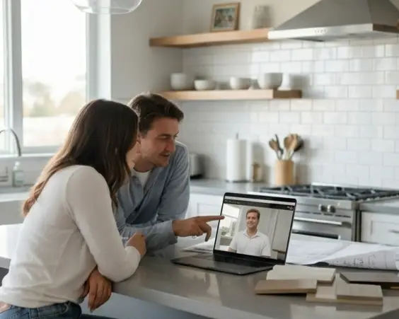 Meet and Greet Appointment. Couple meets with Corner Cabinet online.